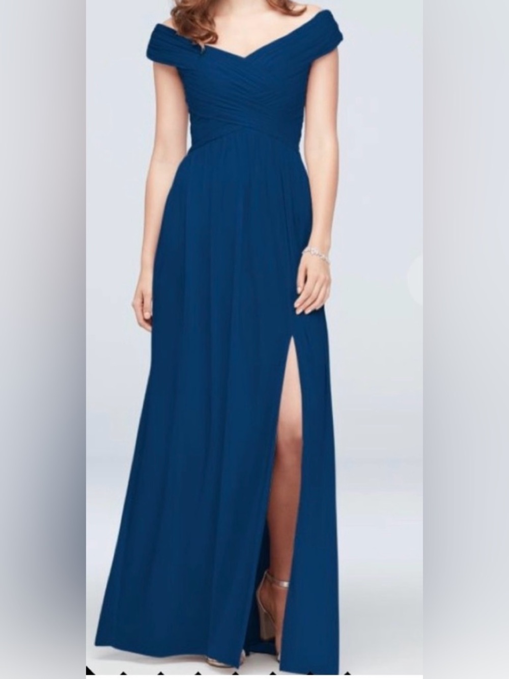 David’s Bridal Navy Blue Off Shoulder Bridesmaid Dress Size 8 Formal Gown Slit